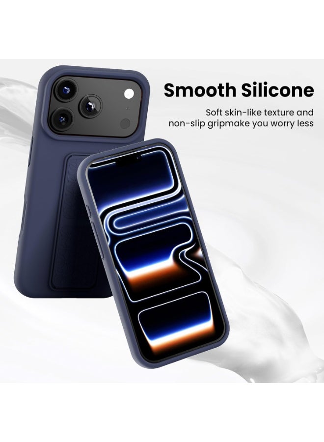 جراب سيليكون مزود بمسند لهاتف iPhone 17 Pro، متوافق مع iPhone 17 Pro، حامل رأسي وأفقي مع حزام يد وغطاء معدني، جراب سيليكون سائل مرن وناعم مزود بمسند لهاتف iPhone 17 Pro - Image 3